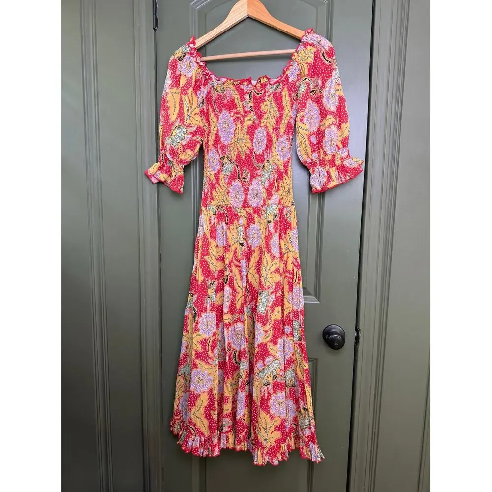 EUC Rhode Resort Eva Smocked Floral Puff Sleeve Maxi Cotton Red Dress Size Small - Picture 4 of 8